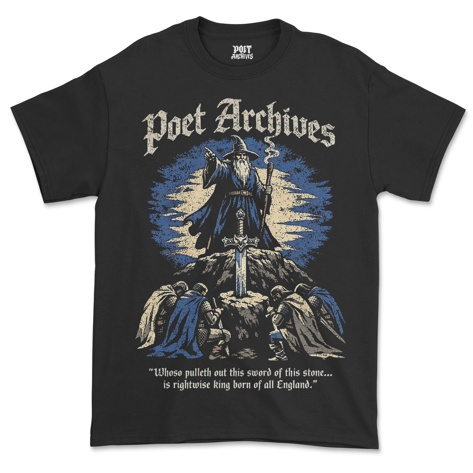 Black t-shirt with 'Poet Archives' graphic design featuring a wizard and text.