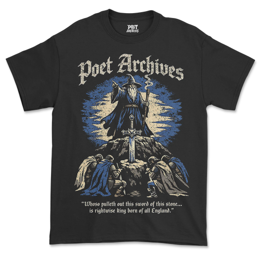 Black t-shirt with 'Poet Archives' graphic design featuring a wizard and text.