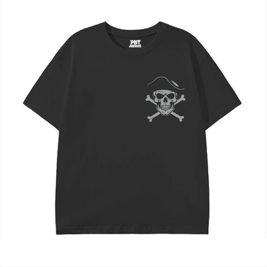 Black t-shirt with a skull and crossbones design on a white background