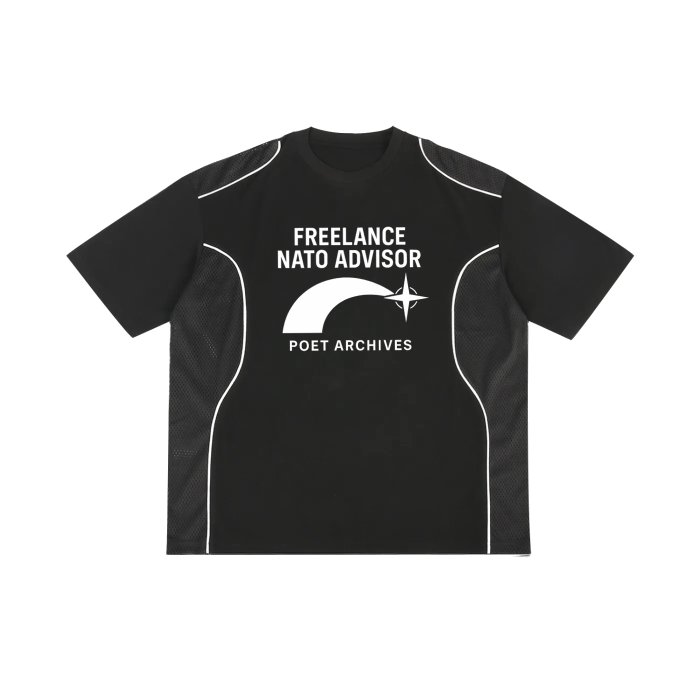 Black t-shirt with 'Freelance NATO Advisor' text and logo on a white background