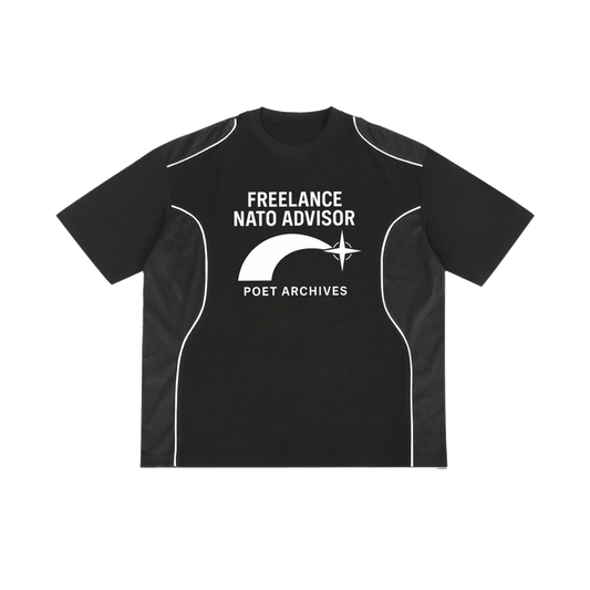 Black t-shirt with 'Freelance NATO Advisor' text and logo on a white background