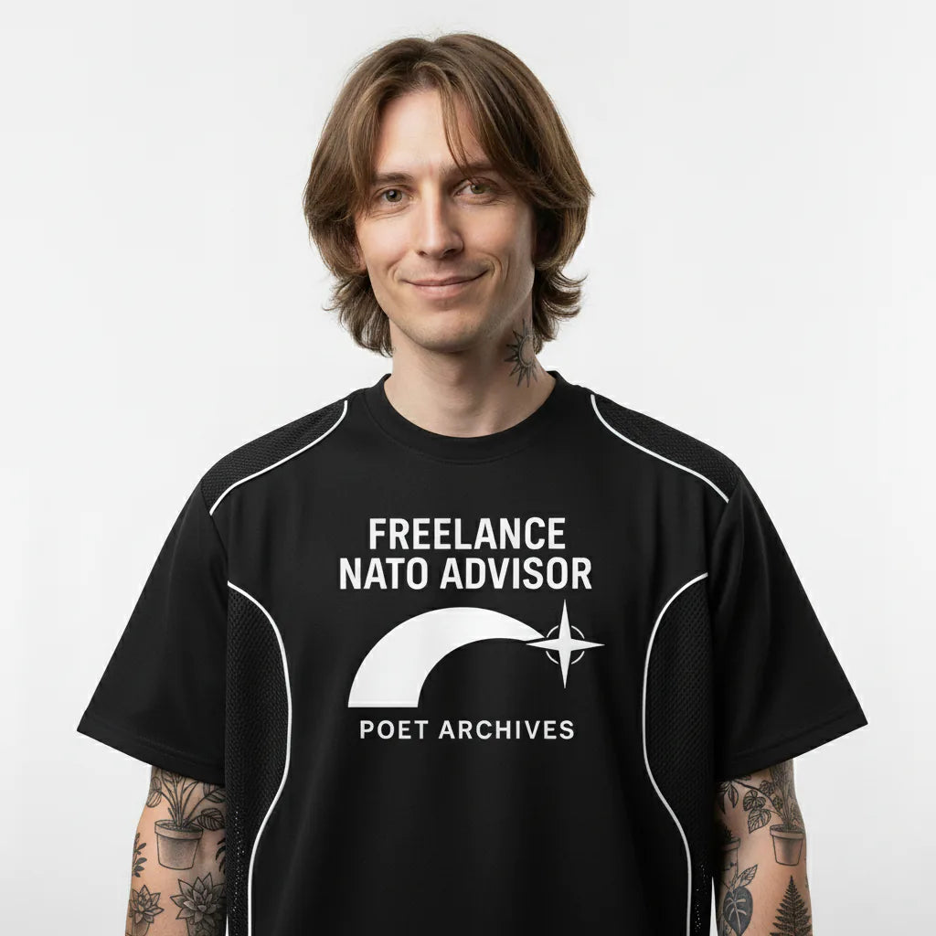 Person wearing a black t-shirt with 'Freelance NATO Advisor' text and logo on a white background