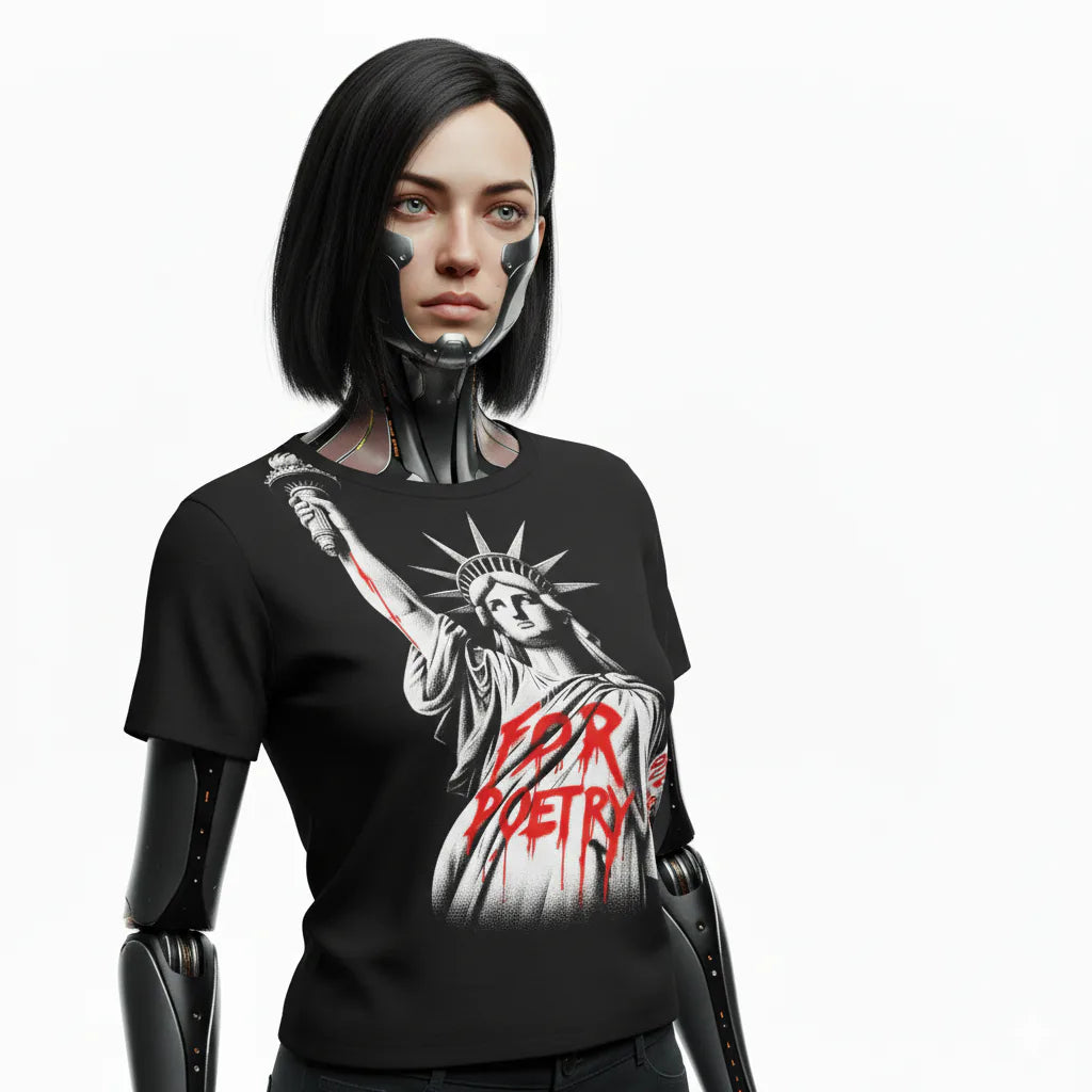 Person wearing a black t-shirt with a graphic design and text, standing against a white background