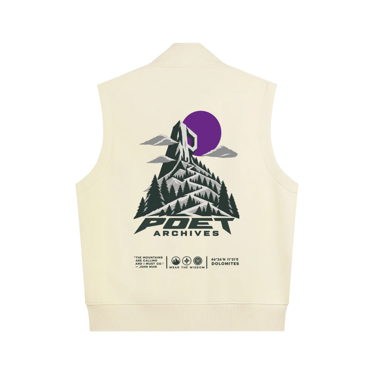 Cream Dolomites-inspired hiking vest shown from the back with mountain graphic
