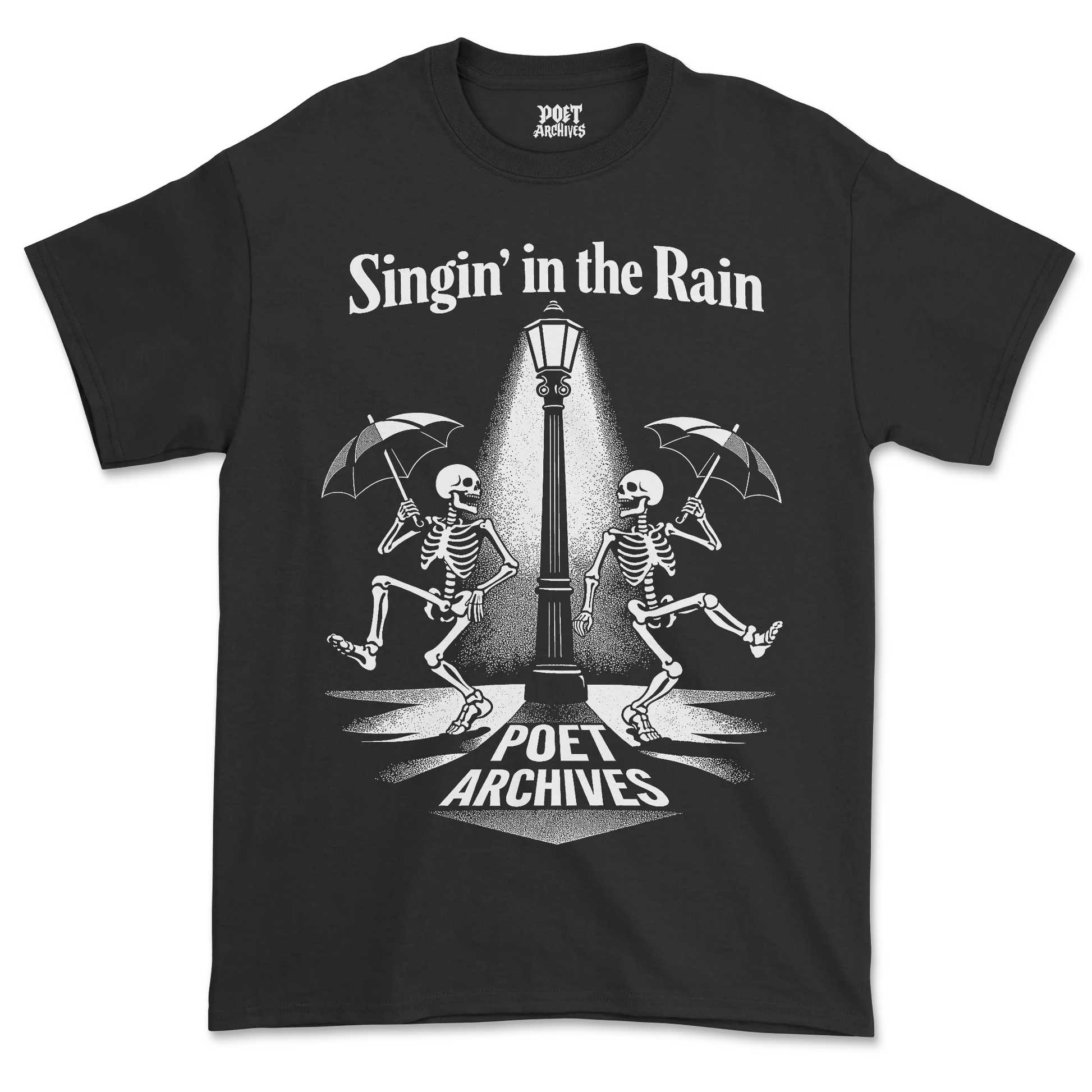 Black t-shirt with skeleton design and 'Singin' in the Rain' text on a white background