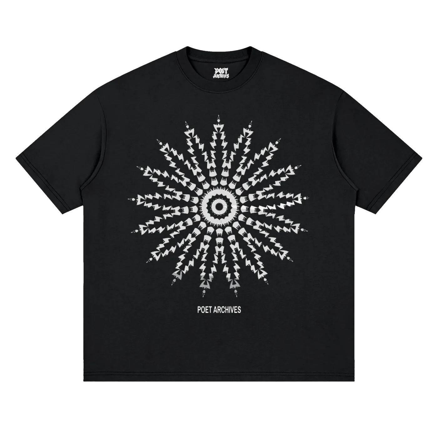 Black oversized t-shirt with white fractal mandala graphic print, front view — Poet Archives