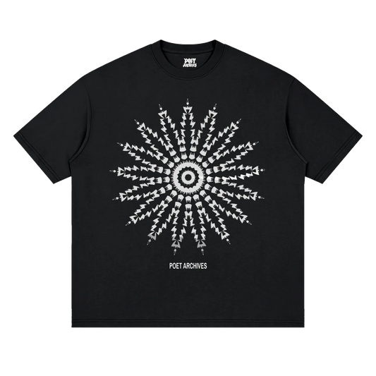 Black oversized t-shirt with white fractal mandala graphic print, front view — Poet Archives