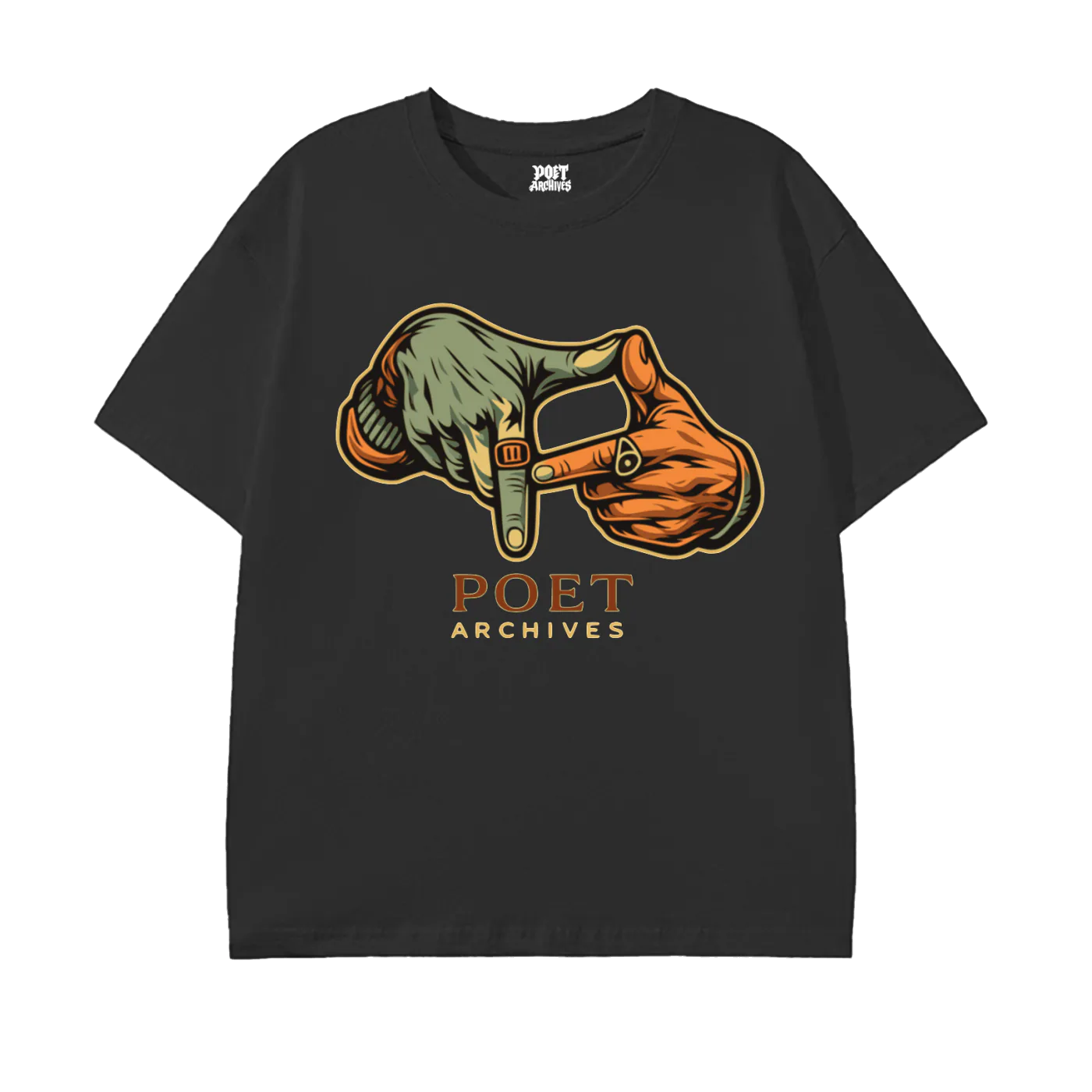 Black t-shirt with graphic design and 'POET ARCHIVES' text on a white background