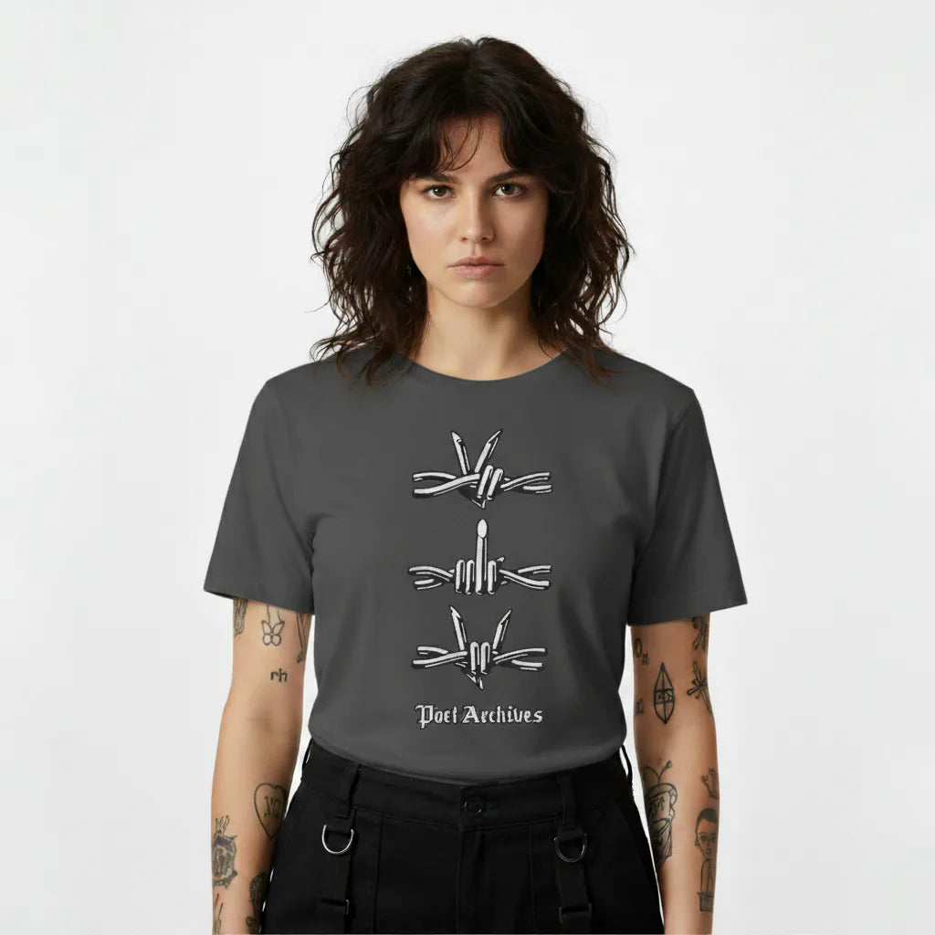 Person wearing a dark gray t-shirt with white graphic designs and text on a white background