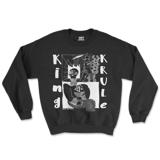 Black King Krule sweatshirt laid flat, featuring an abstract white graphic design inspired by the avant-garde musician, from Poet Archives