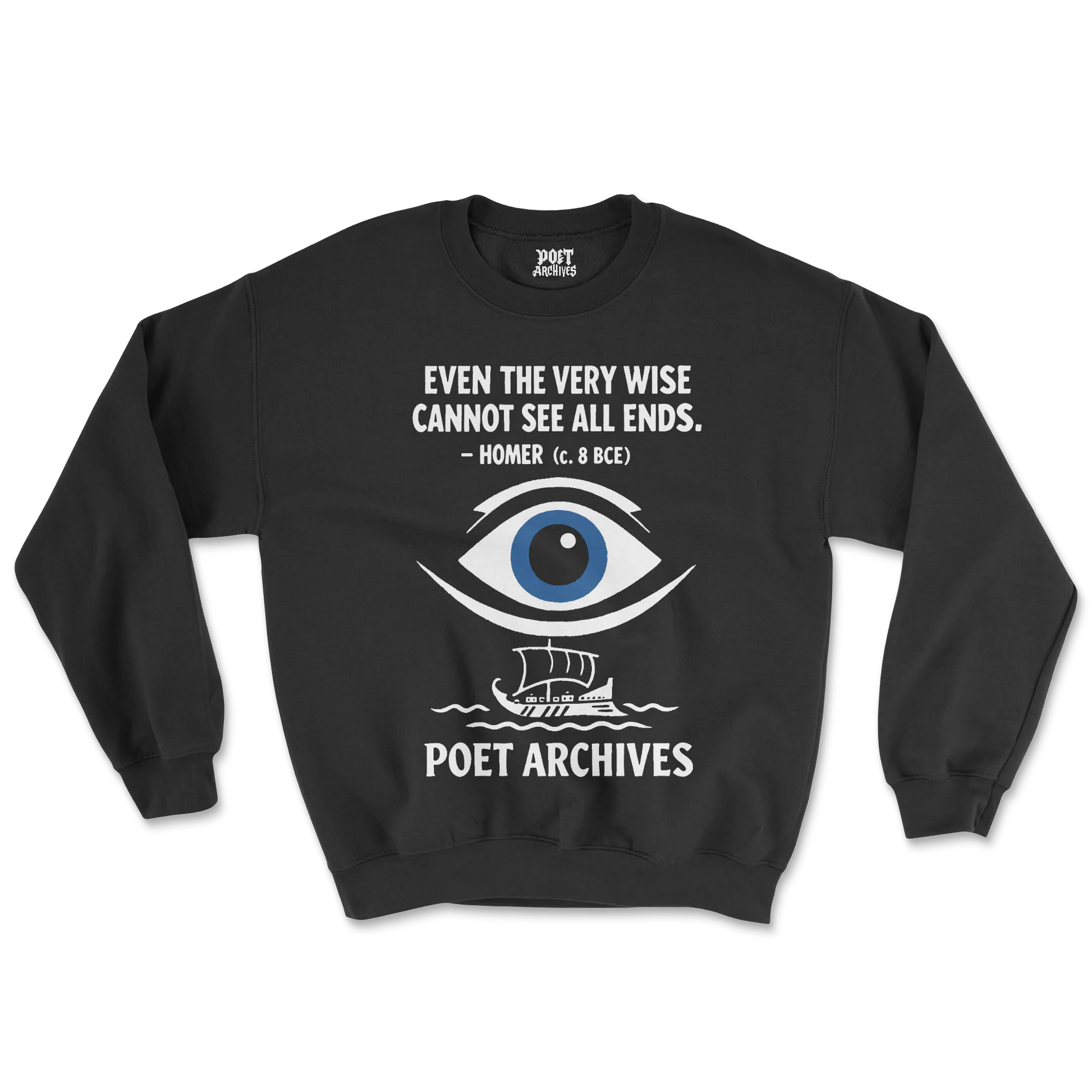 Black sweatshirt with eye design and text on a white background