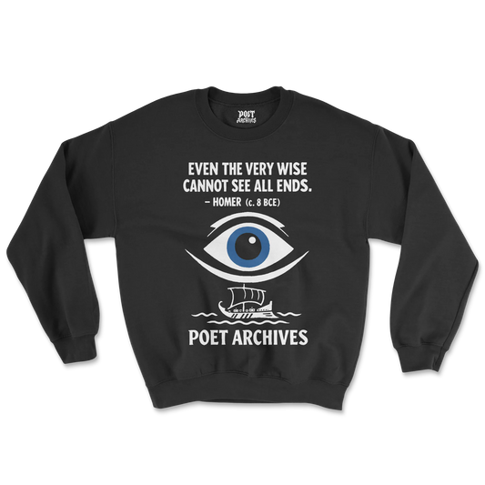 Black sweatshirt with eye design and text on a white background