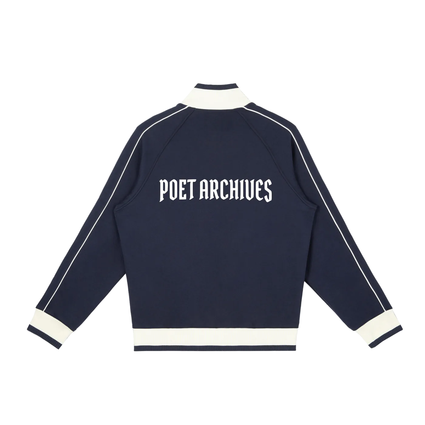 Navy blue sweatshirt with 'POET ARCHIVES' text on the back against a white background