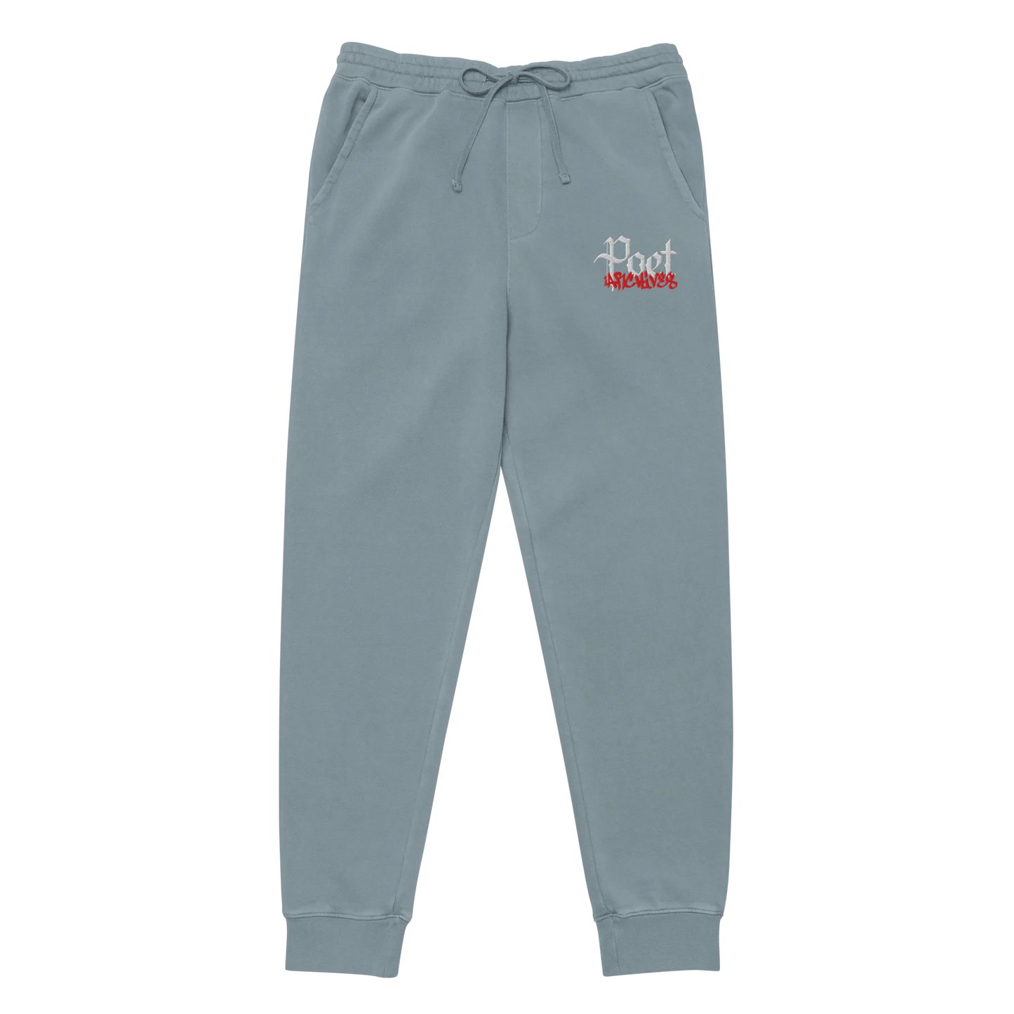 Gray sweatpants with a logo on a white background