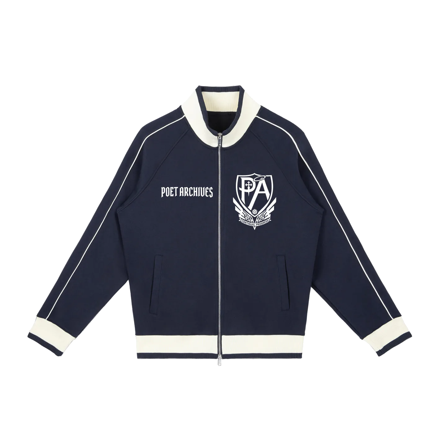 Navy blue jacket with white accents and logos on a white background
