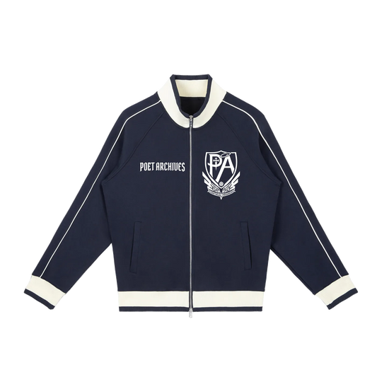 Navy blue jacket with white accents and logos on a white background