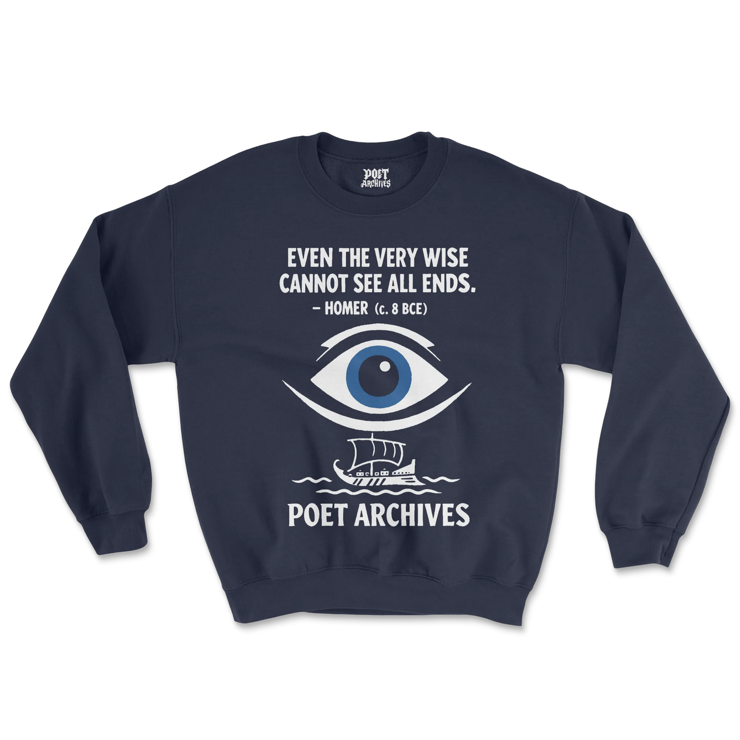 Navy blue sweatshirt with eye design and text on a white background