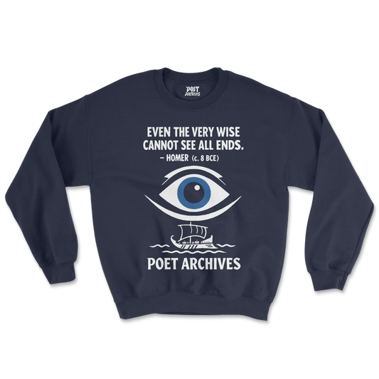 Navy blue sweatshirt with eye design and text on a white background