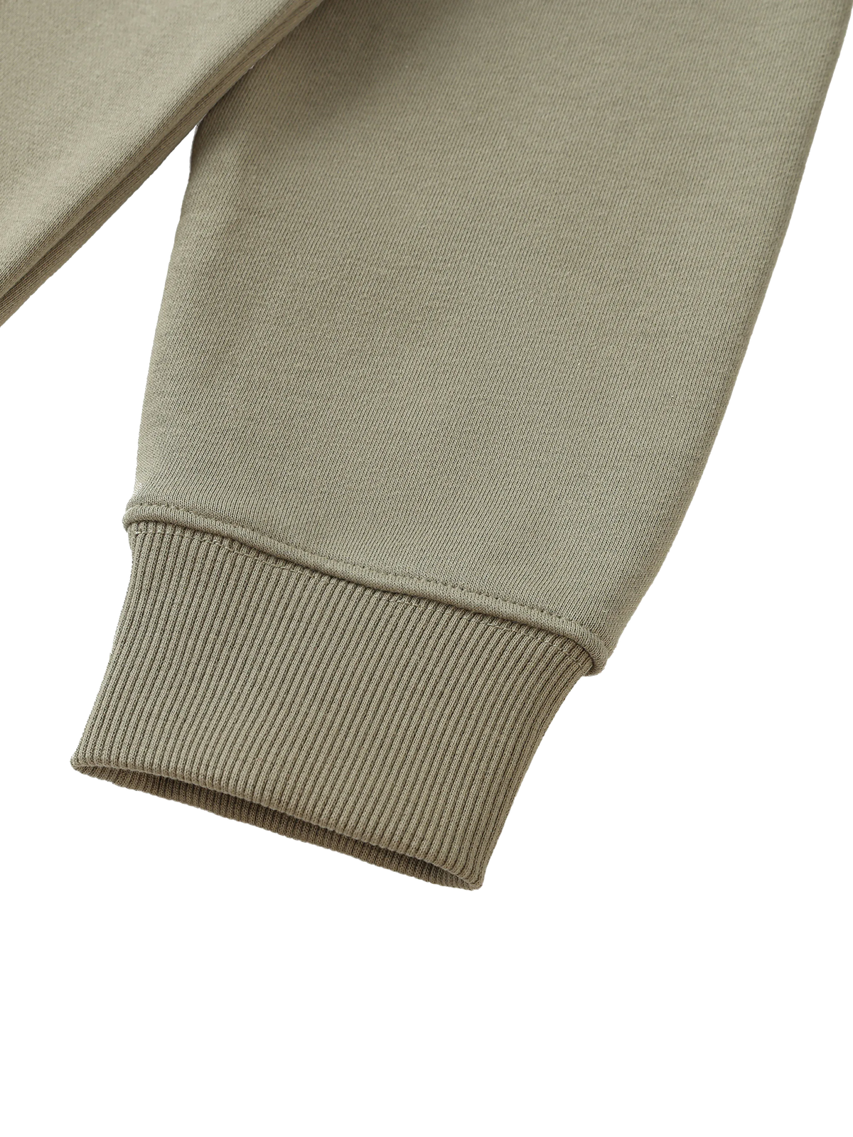 Close-up detail of a ribbed knit cuff on a light taupe sweatshirt sleeve, showing the texture and stitching against a white background.