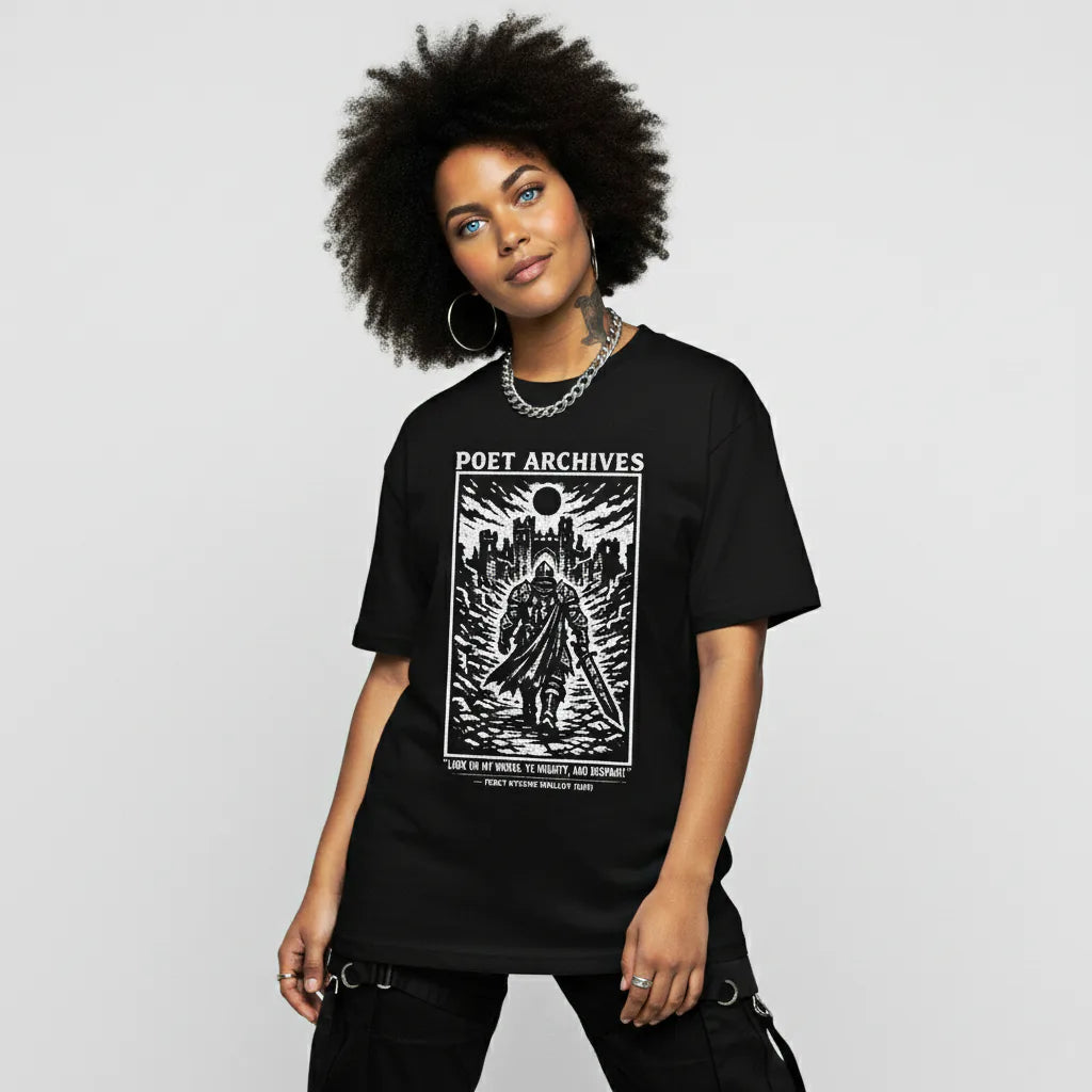Person wearing a black t-shirt with 'Poet Archives' design on a plain background