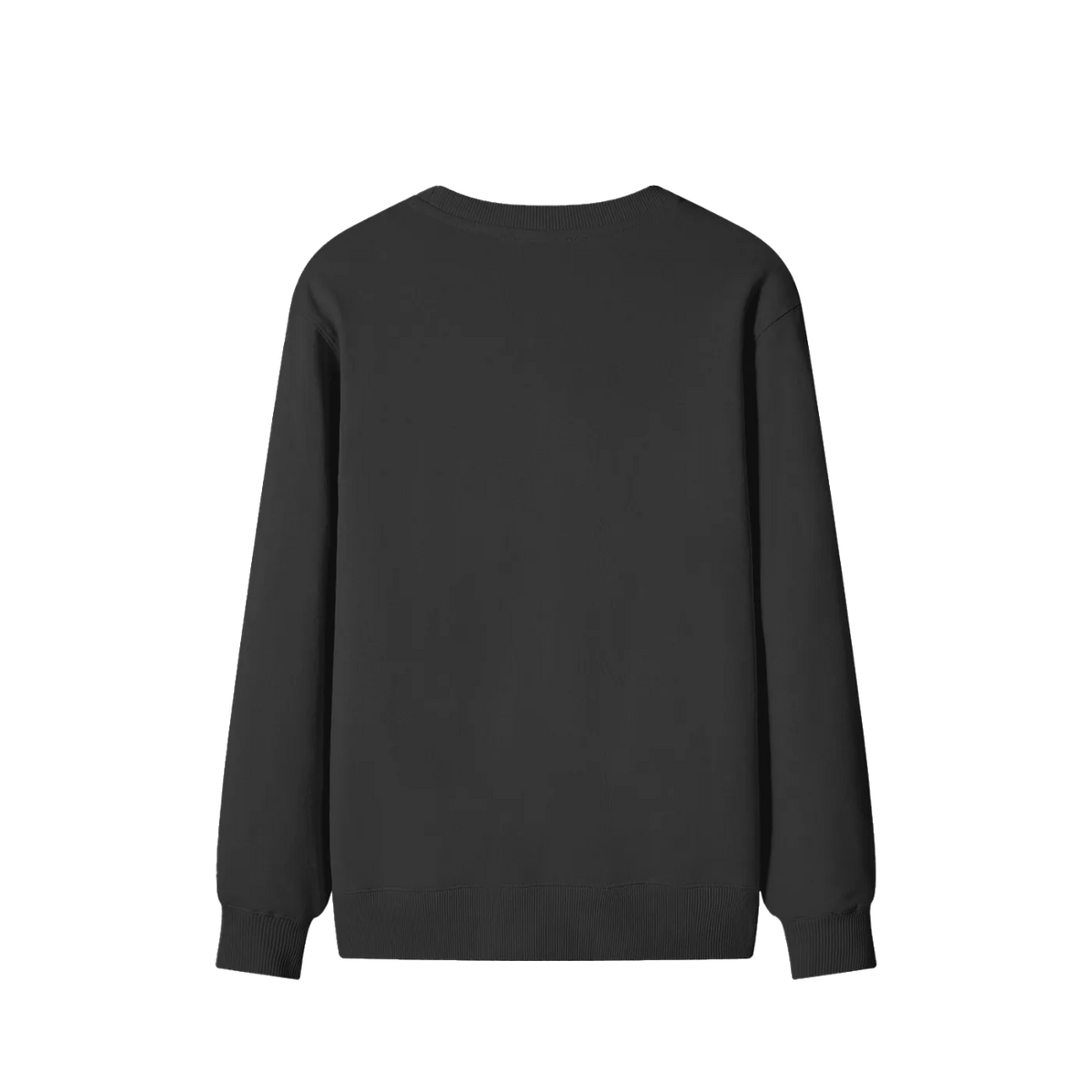 A plain black long-sleeve crewneck sweatshirt shown from the back, centered on a solid white background.