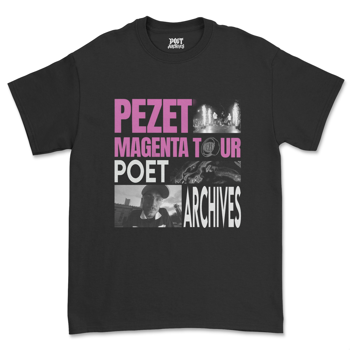Pezet Magenta Tour T-Shirt in black, laid flat and featuring the tour's graphic print design, from Poet Archives