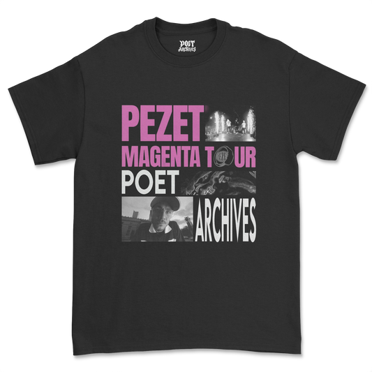 Pezet Magenta Tour T-Shirt in black, laid flat and featuring the tour's graphic print design, from Poet Archives