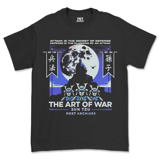 A navy blue T-shirt featuring a graphic print of a moon, sun, and text related to 'The Art of War' by Sun Tzu.