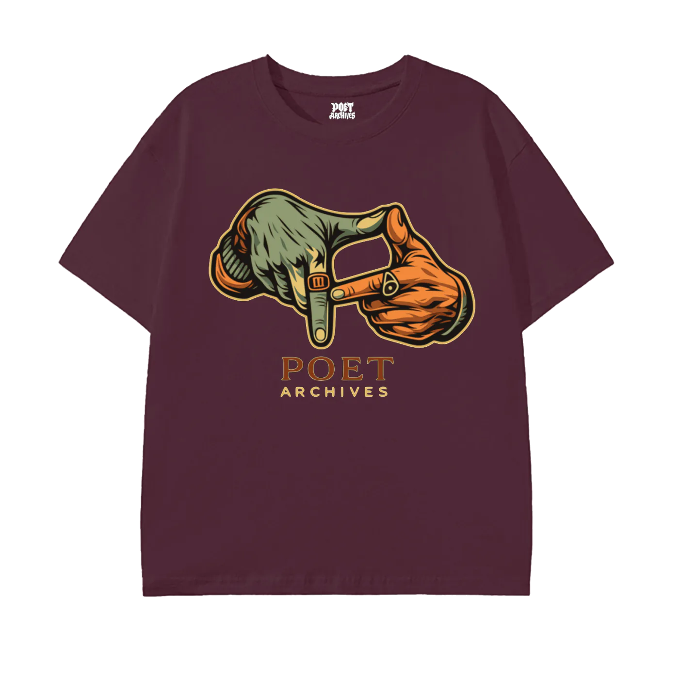 Maroon t-shirt with graphic design and 'POET ARCHIVES' text on a white background