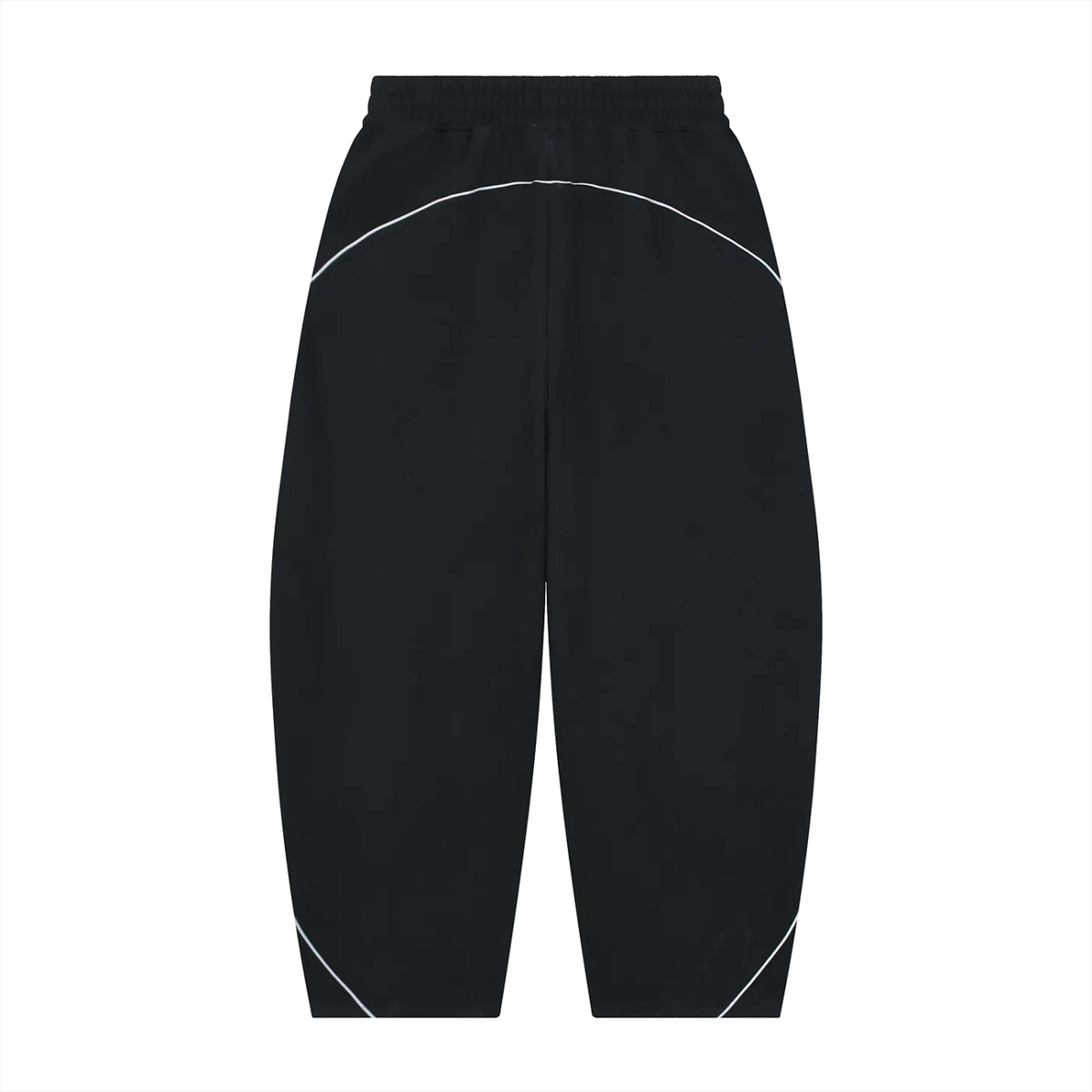 Black athletic pants with white curved contrast stitching details, shown flat against a white background.