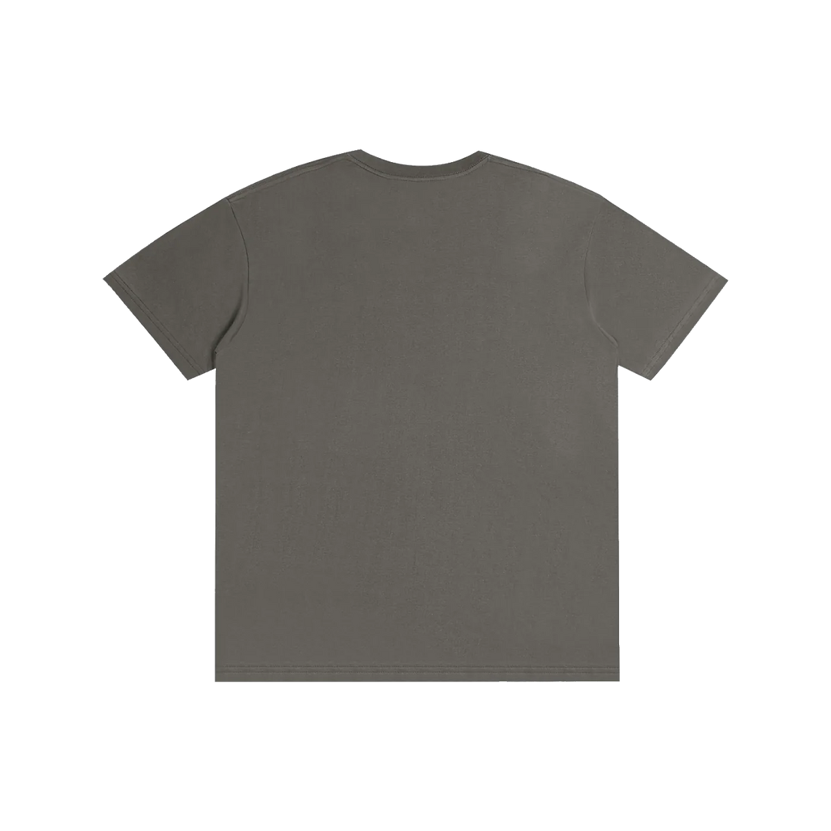 A plain short-sleeve crewneck t-shirt in a muted dark grayish-brown color, shown from the back on a solid white background.