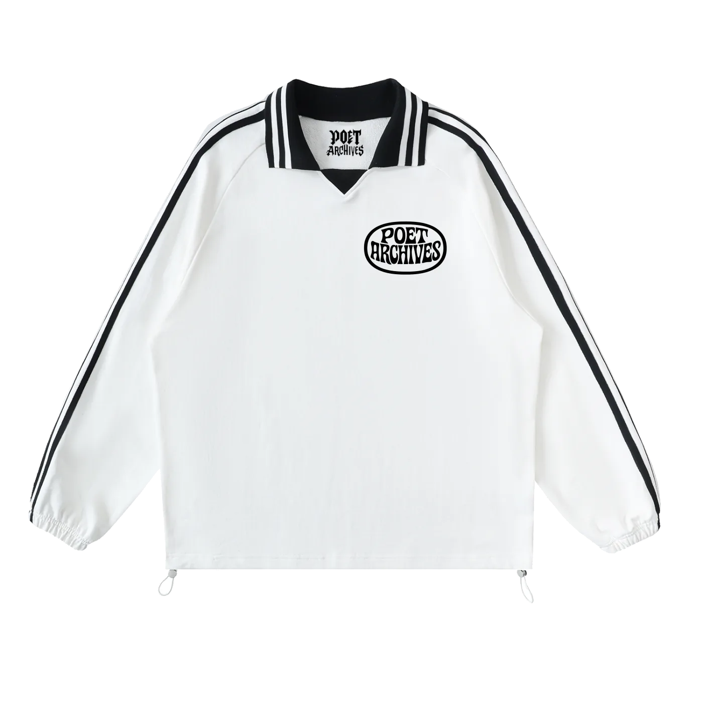 White jacket with black accents and 'POET ARCHIVES' logo on a white background