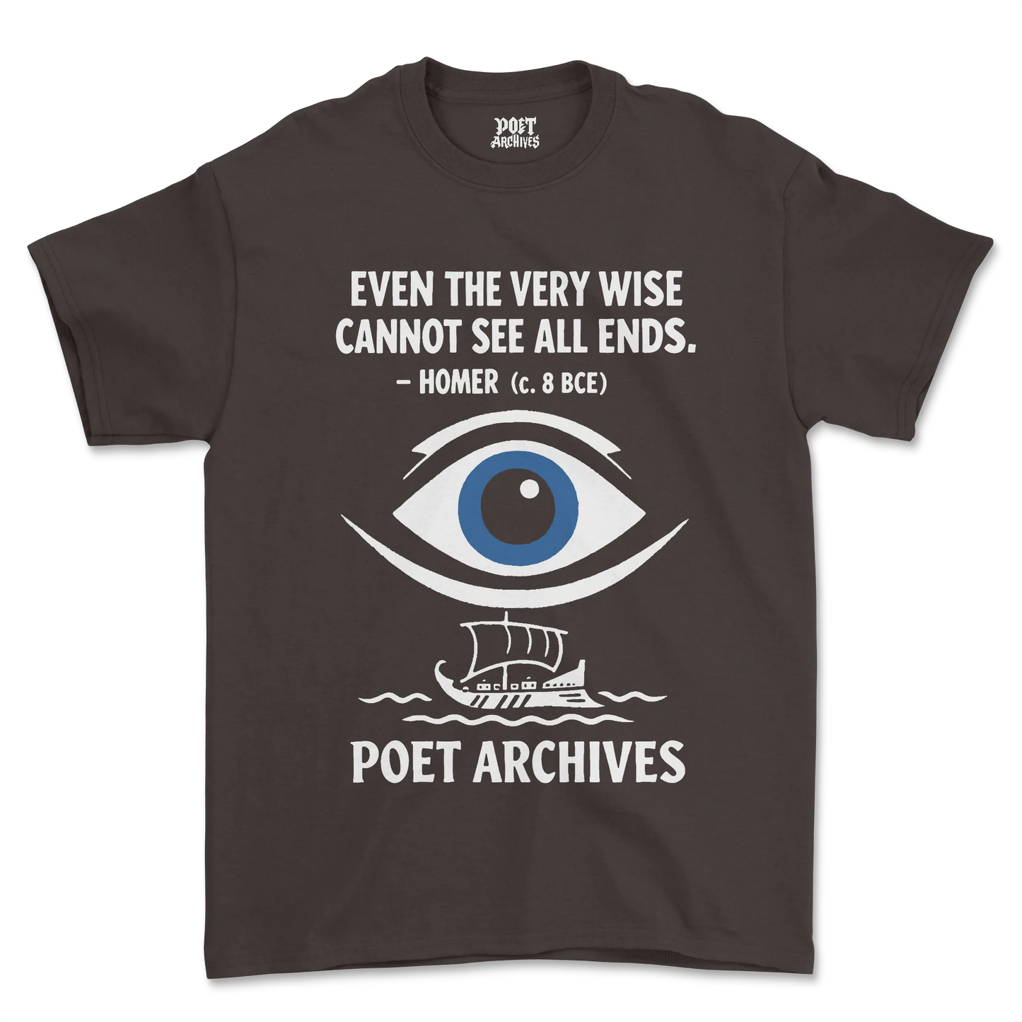 Brown t-shirt with eye graphic and text on a white background