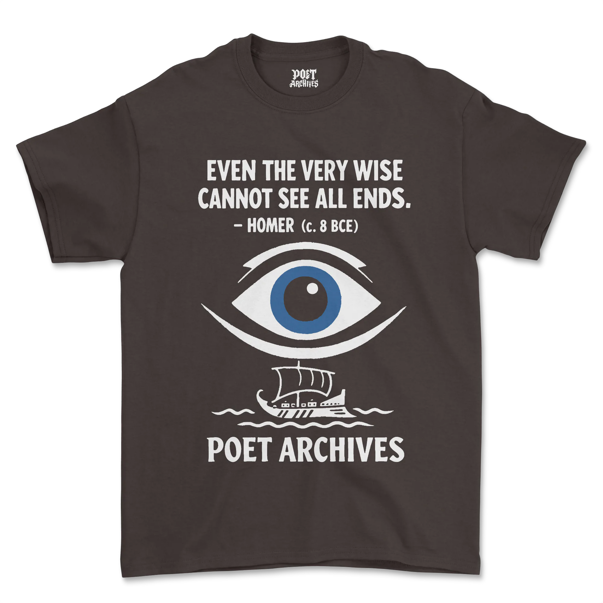 Brown t-shirt with eye graphic and text on a white background