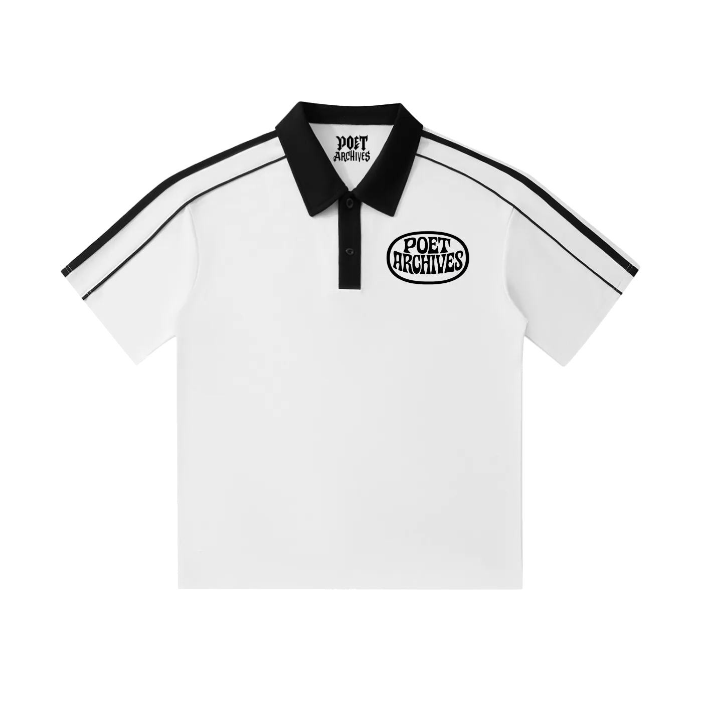 Poet Archives clean polo logo contrast collar shirt in white. 100% cotton, crisp streetwear design for skater, punk, and goth fits.