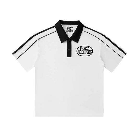 Poet Archives clean polo logo contrast collar shirt in white. 100% cotton, crisp streetwear design for skater, punk, and goth fits.