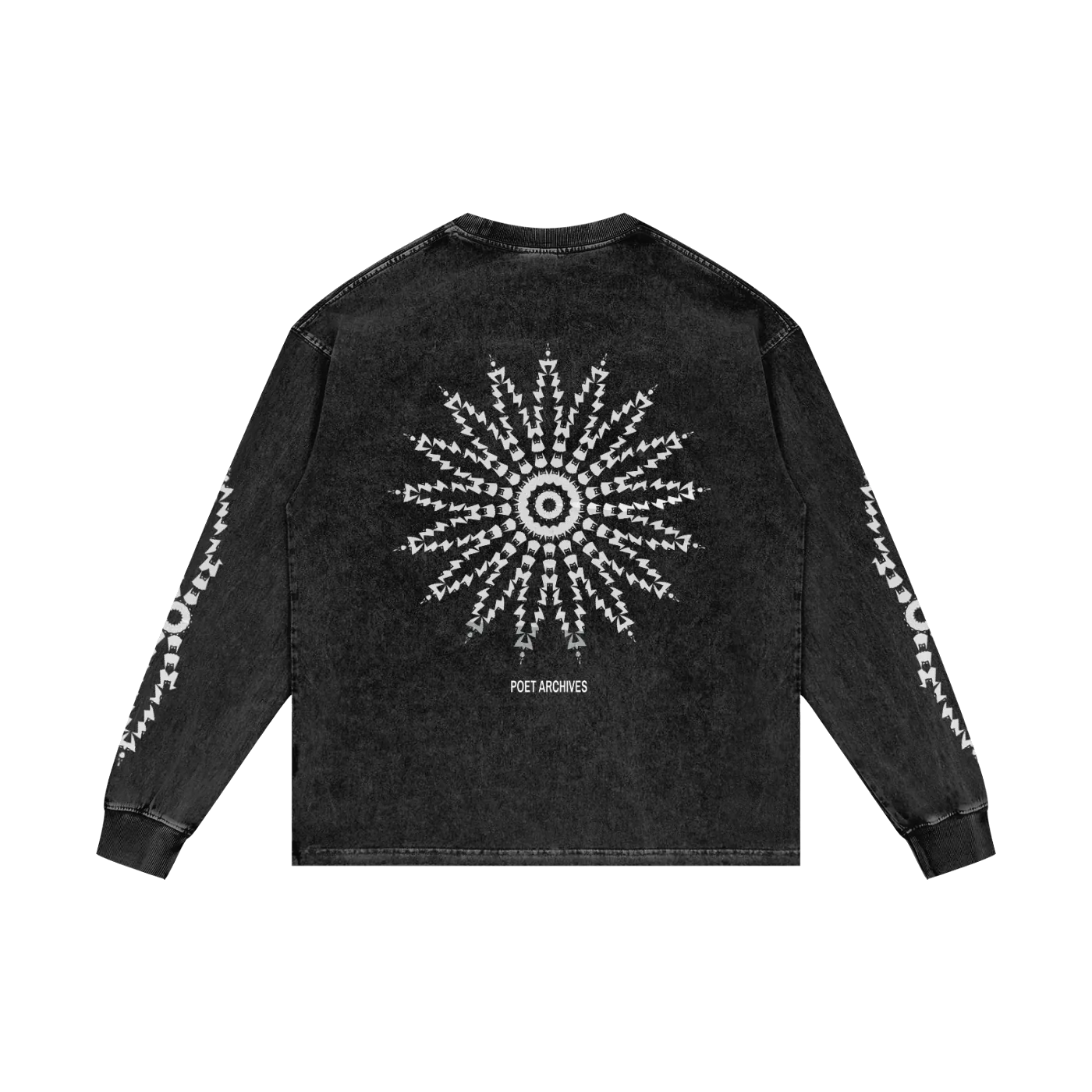 A black acid-wash long-sleeve t-shirt shown from the back, featuring a large white circular sunburst graphic with the text 'POST HIGHER' printed below it, and white text running down both sleeves.