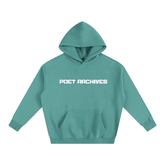 Teal hoodie with 'POET ARCHIVES' text on a white background