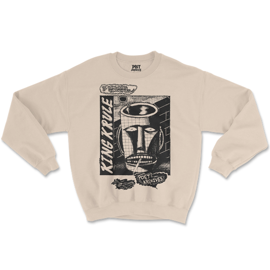 Black King Krule graphic sweatshirt laid flat, featuring artwork inspired by Man Alive!, The Ooz and 6 Feet Beneath the Moon, from Poet Archives