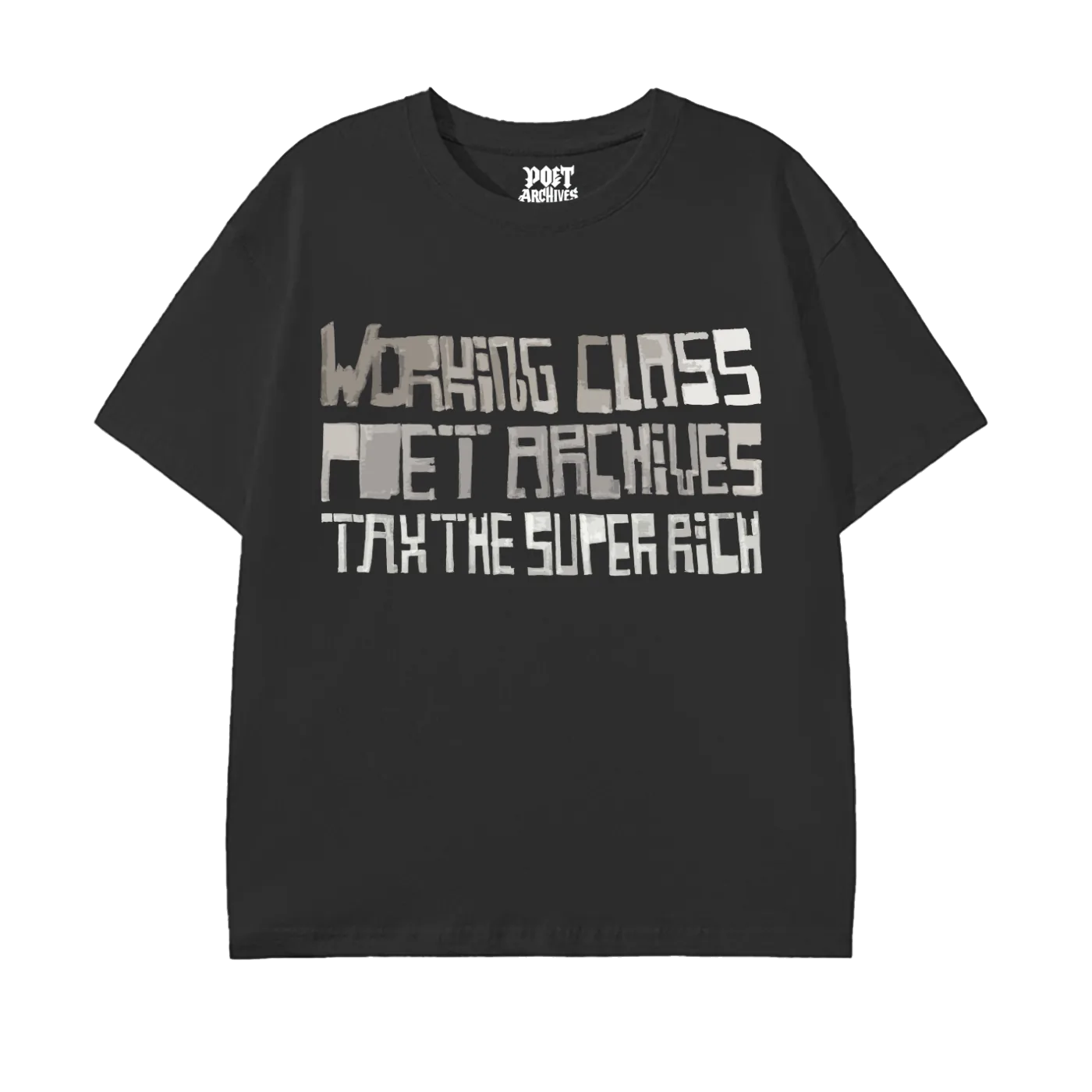 Black t-shirt with white text on a white background