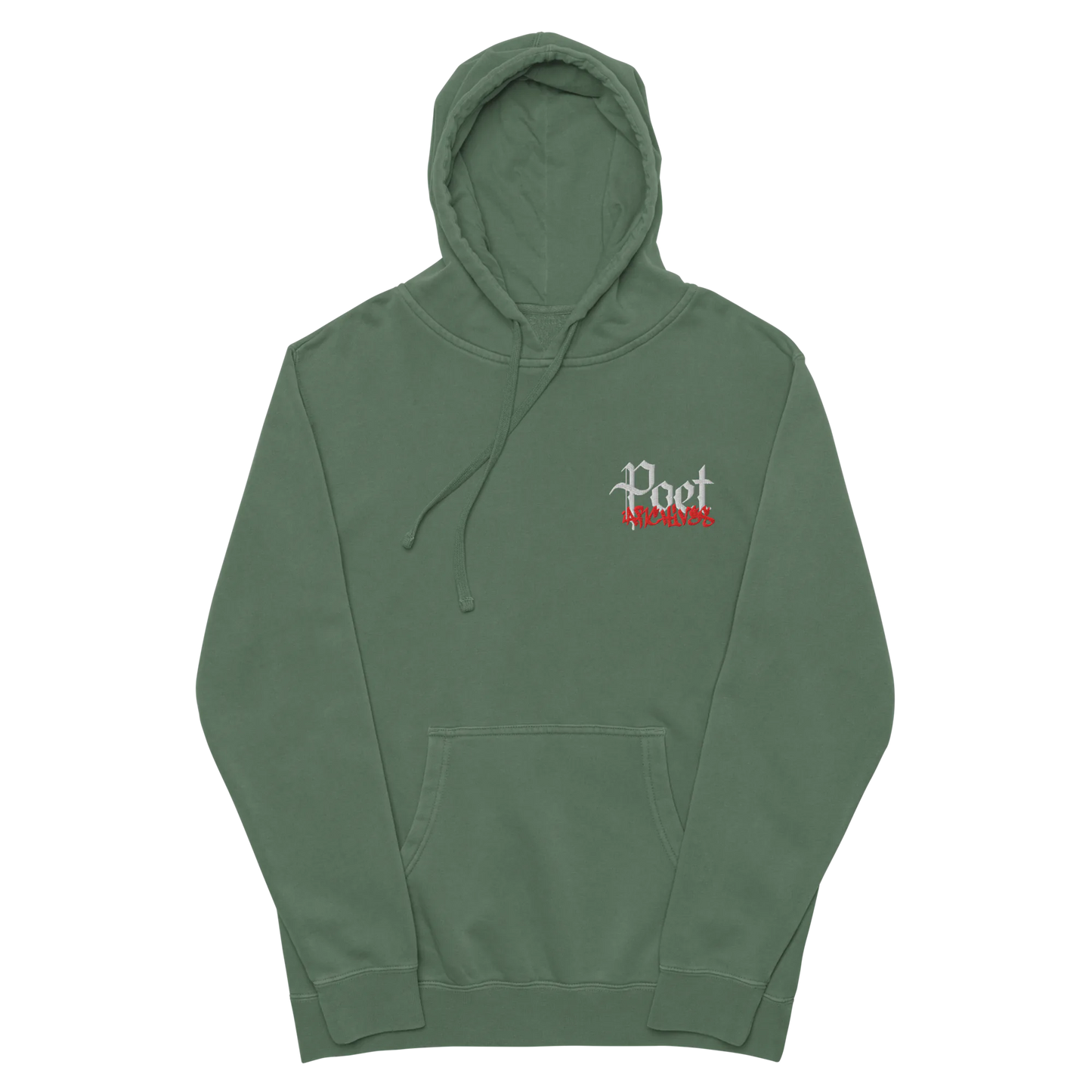 Green hoodie with 'Poet' logo on a white background