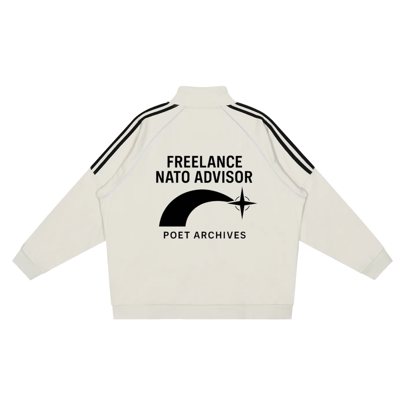 White jacket with black text and stripes on a white background