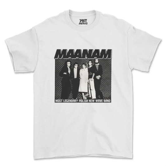 Maanam T-Shirt laid flat, available in white and black, featuring the band's classic black-and-white portrait graphic print, from Poet Archives