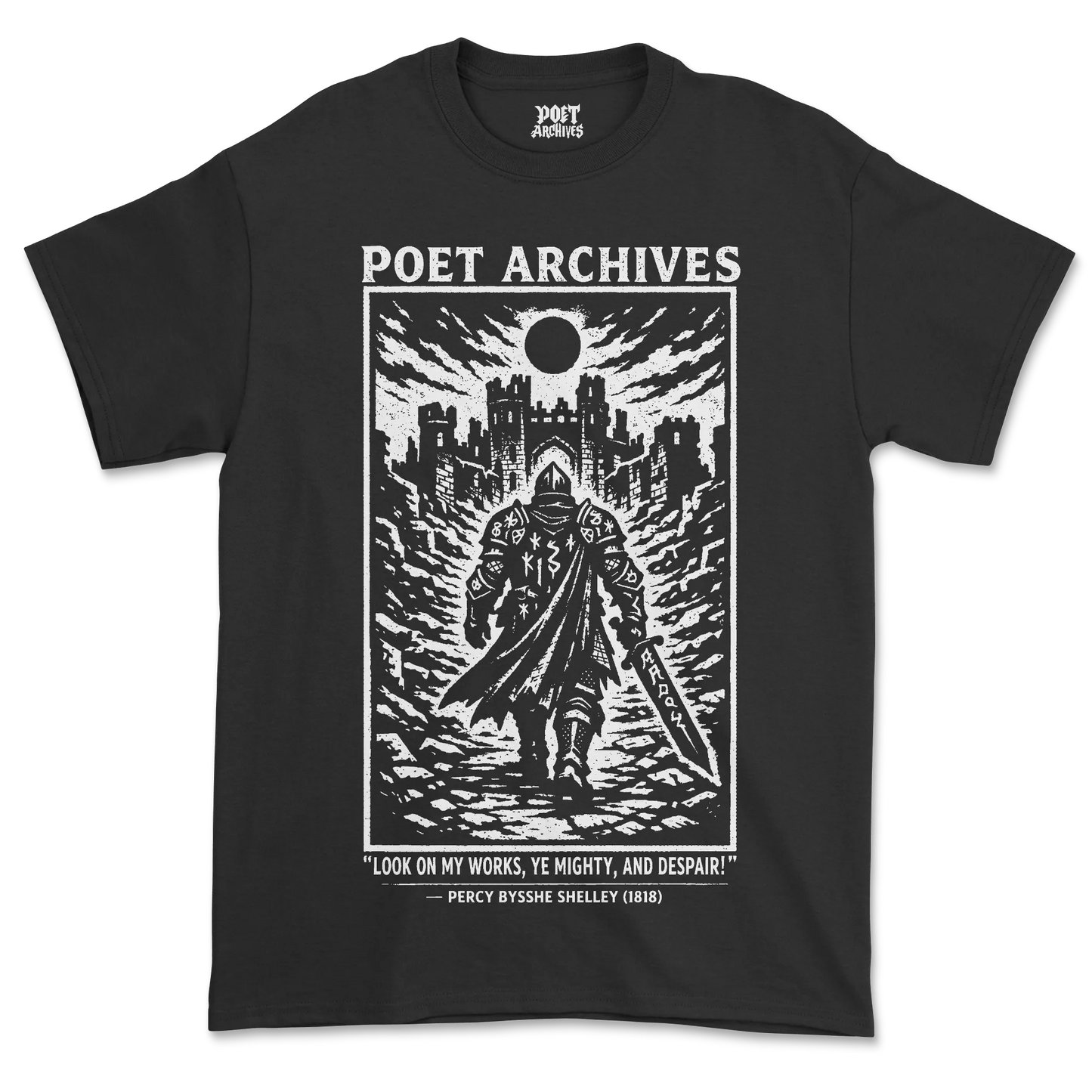 Black t-shirt with 'Poet Archives' graphic design featuring a warrior and text.