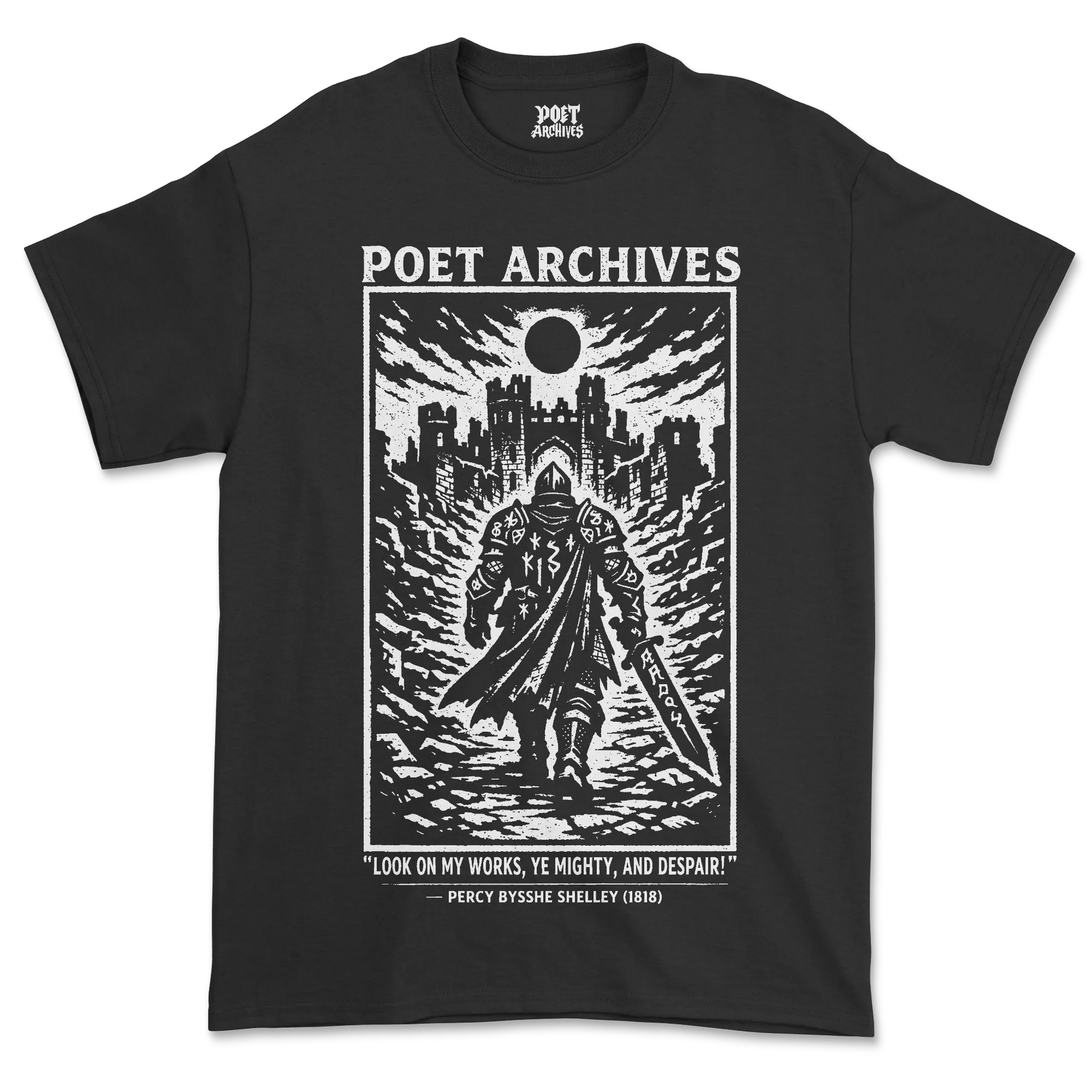 Black t-shirt with 'Poet Archives' graphic design featuring a warrior and text.