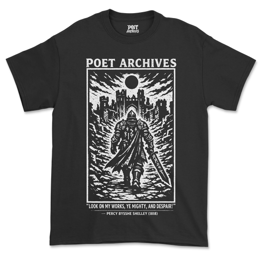 Black t-shirt with 'Poet Archives' graphic design featuring a warrior and text.