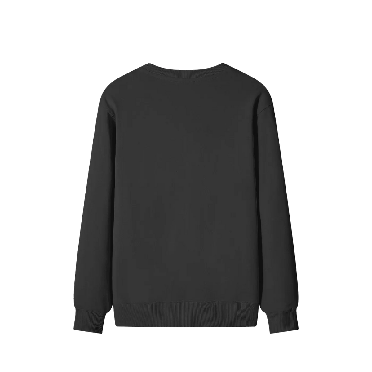 A plain black long-sleeve crewneck sweatshirt shown from the back, isolated on a solid white background.