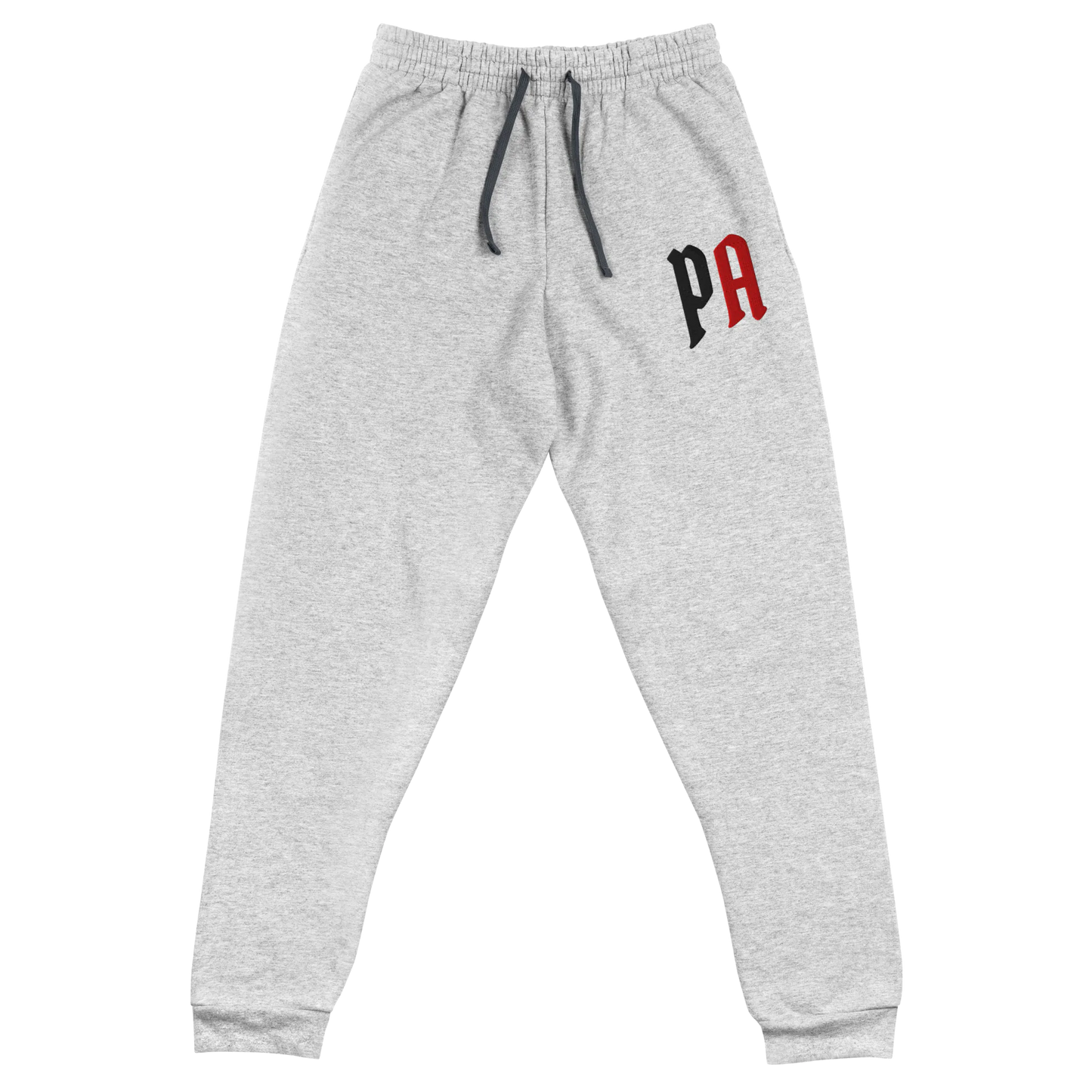 Gray sweatpants with a logo on a white background