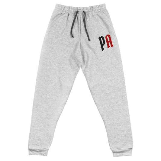 Gray sweatpants with a logo on a white background