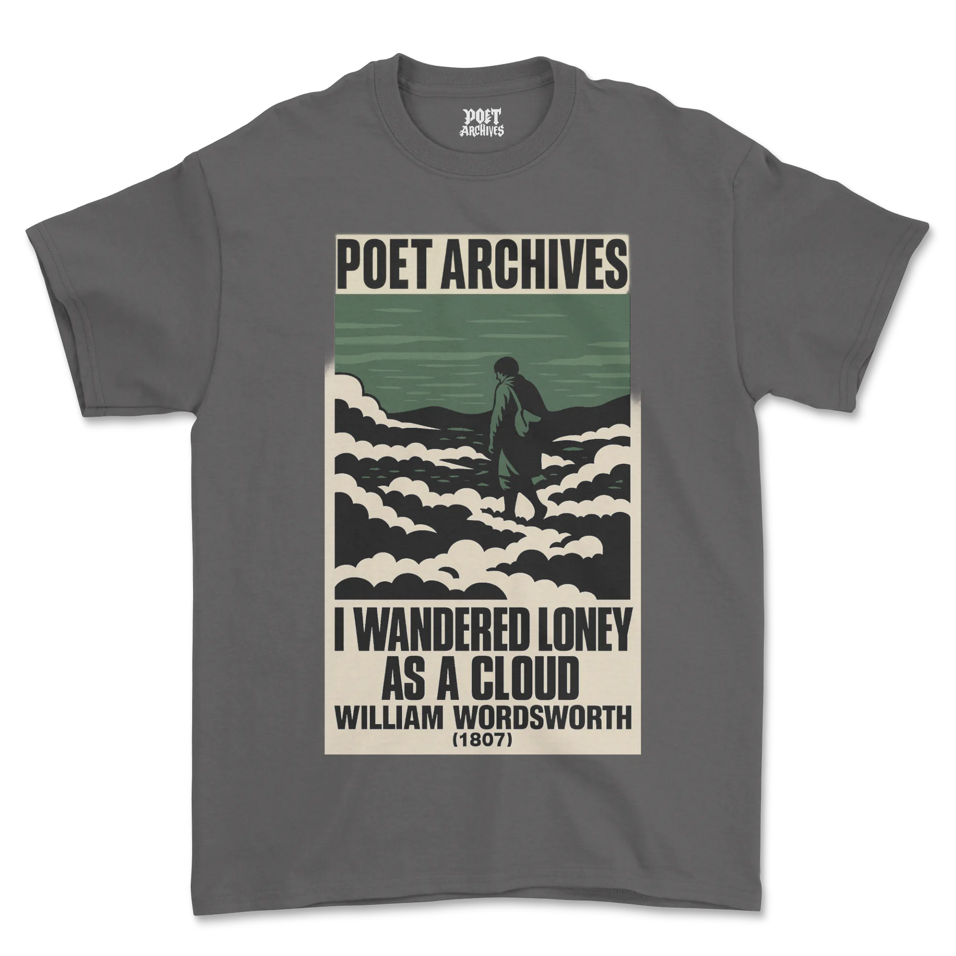 Gray t-shirt with 'Poet Archives' design featuring a person walking on clouds and William Wordsworth quote.